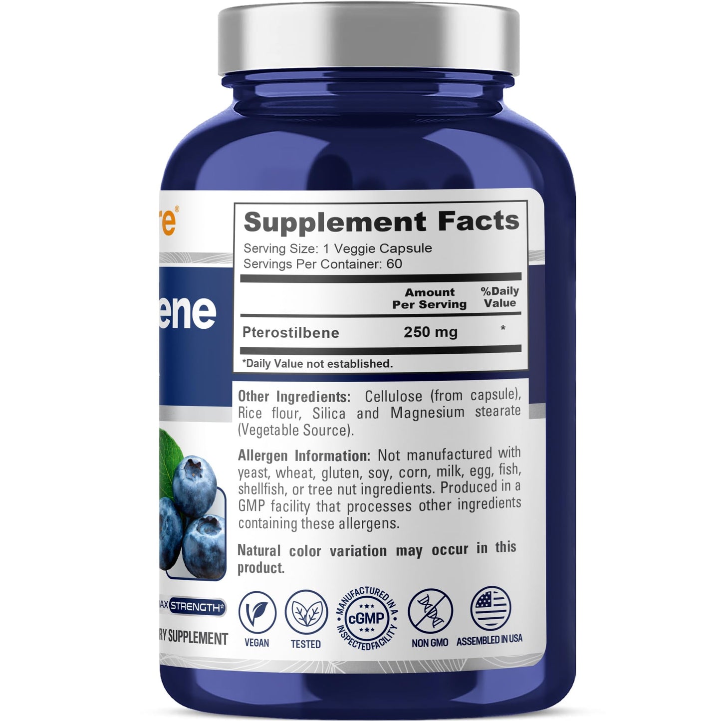 NusaPure Pterostilbene - Suitable for Vegetarian/Vegan, Non-GMO - 250mg - 60 Capsules