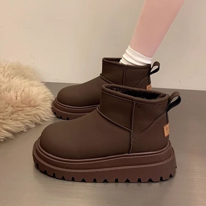 Women's Fleece-lined Thick Leather Waterproof Snow Boots