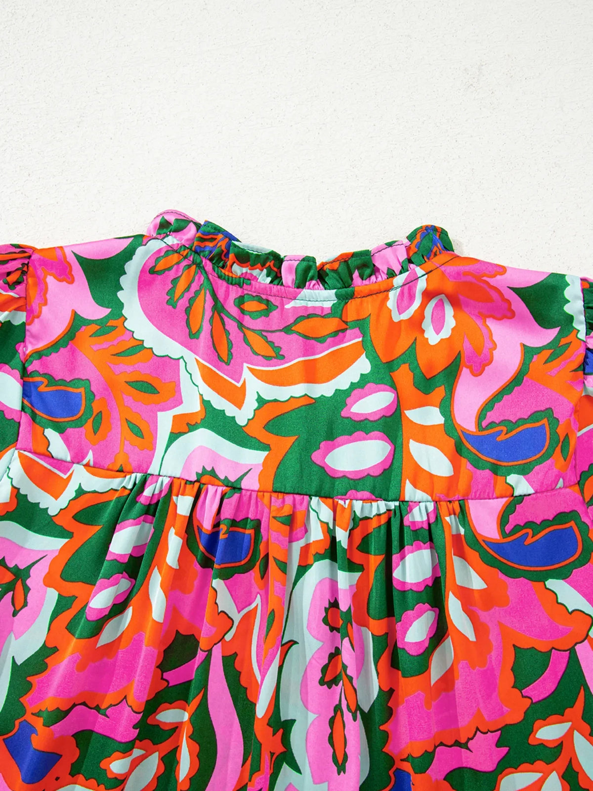 Tropical Print Short Sleeve Tie Neck Blouse