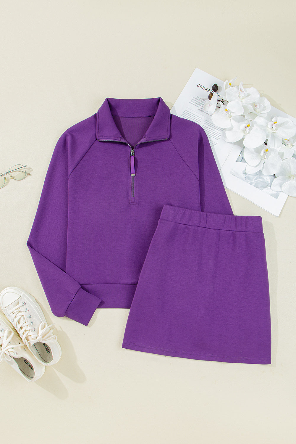 Conjunto de minifalda y sudadera deportiva rosa con media cremallera de 2 piezas
