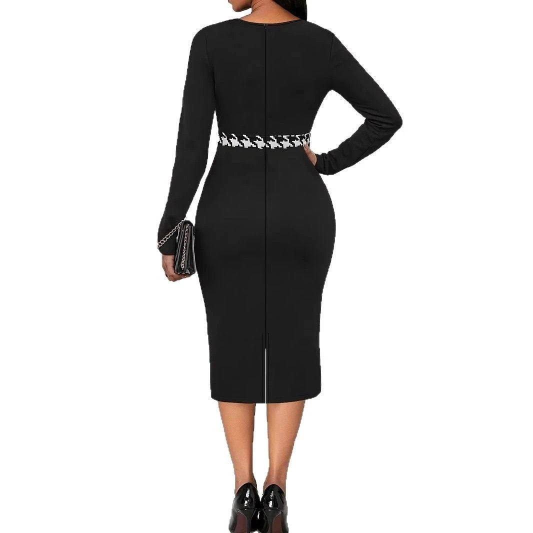 Multicolor Printing Cross Hem Neck Stripe Long Sleeve Plus Size Dress