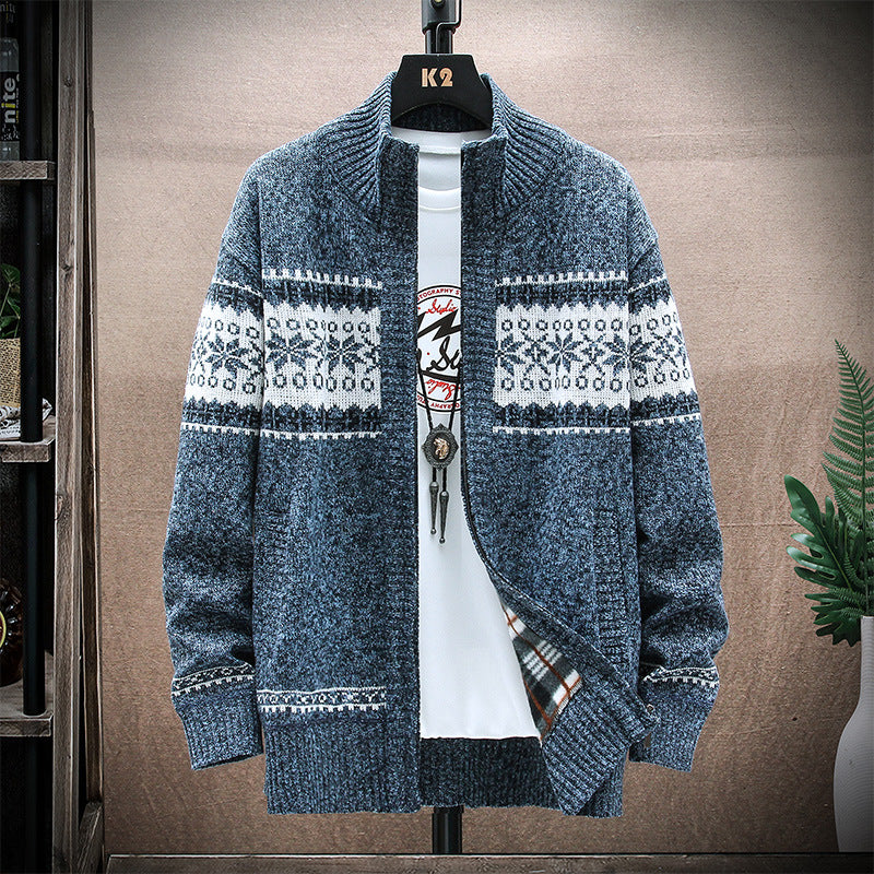 Men's Printed Stand-Collar Cardigan Jacket for Warmth