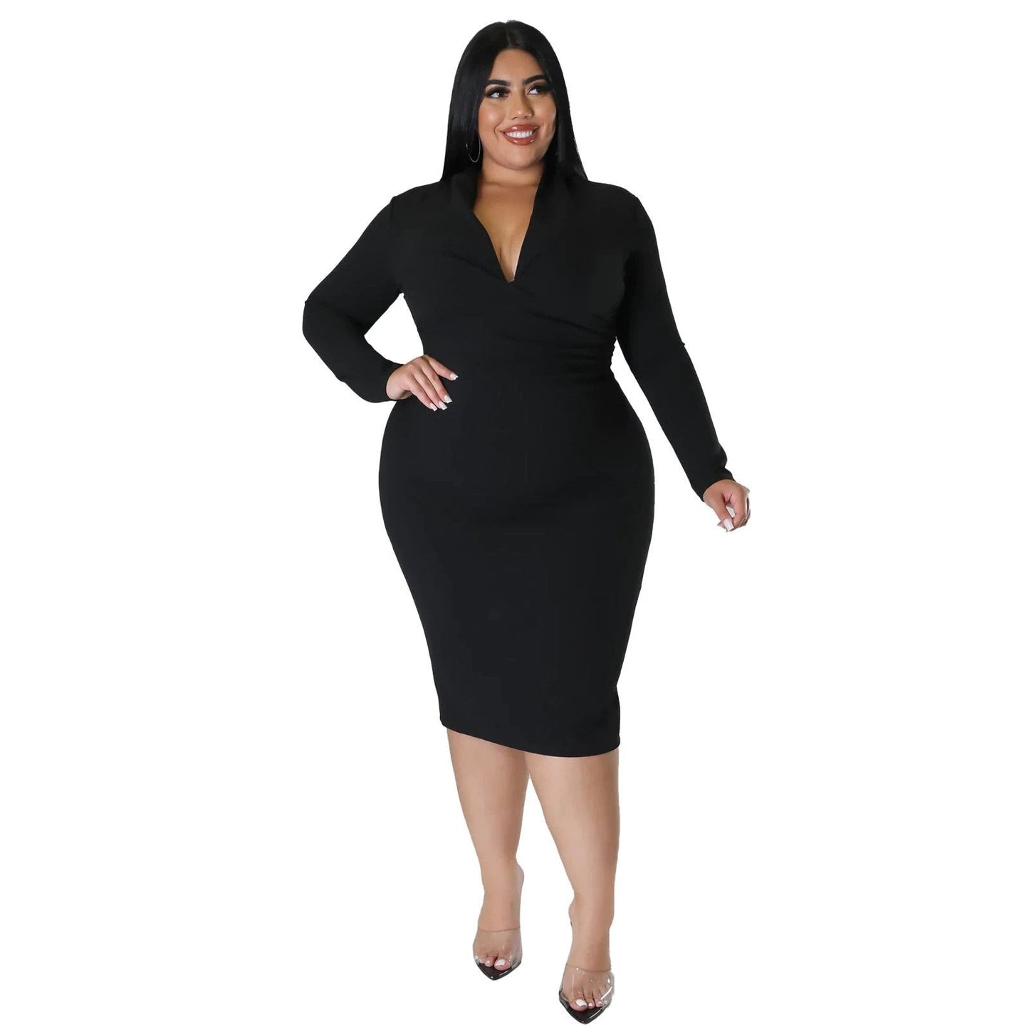 Fashion Casual Solid Color Long Sleeve Zipper V-neck Dress
