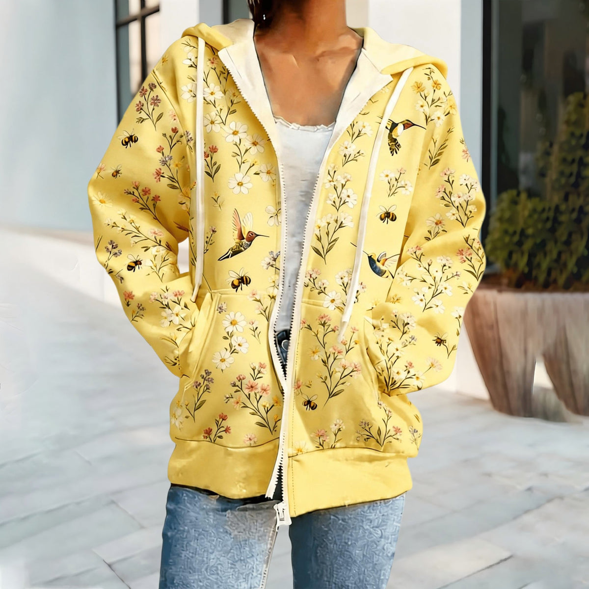 Cross Border European And American Style Women's Hooded Cardigan Casual Sweatshirt With Small Floral Digital Print And Zipper, Foreign Trade Supply For Autumn And Winter