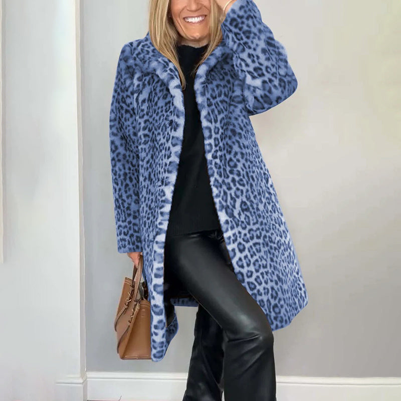 Chaqueta de peluche con estampado de leopardo — Prenda de abrigo cómoda de corte holgado de largo medio