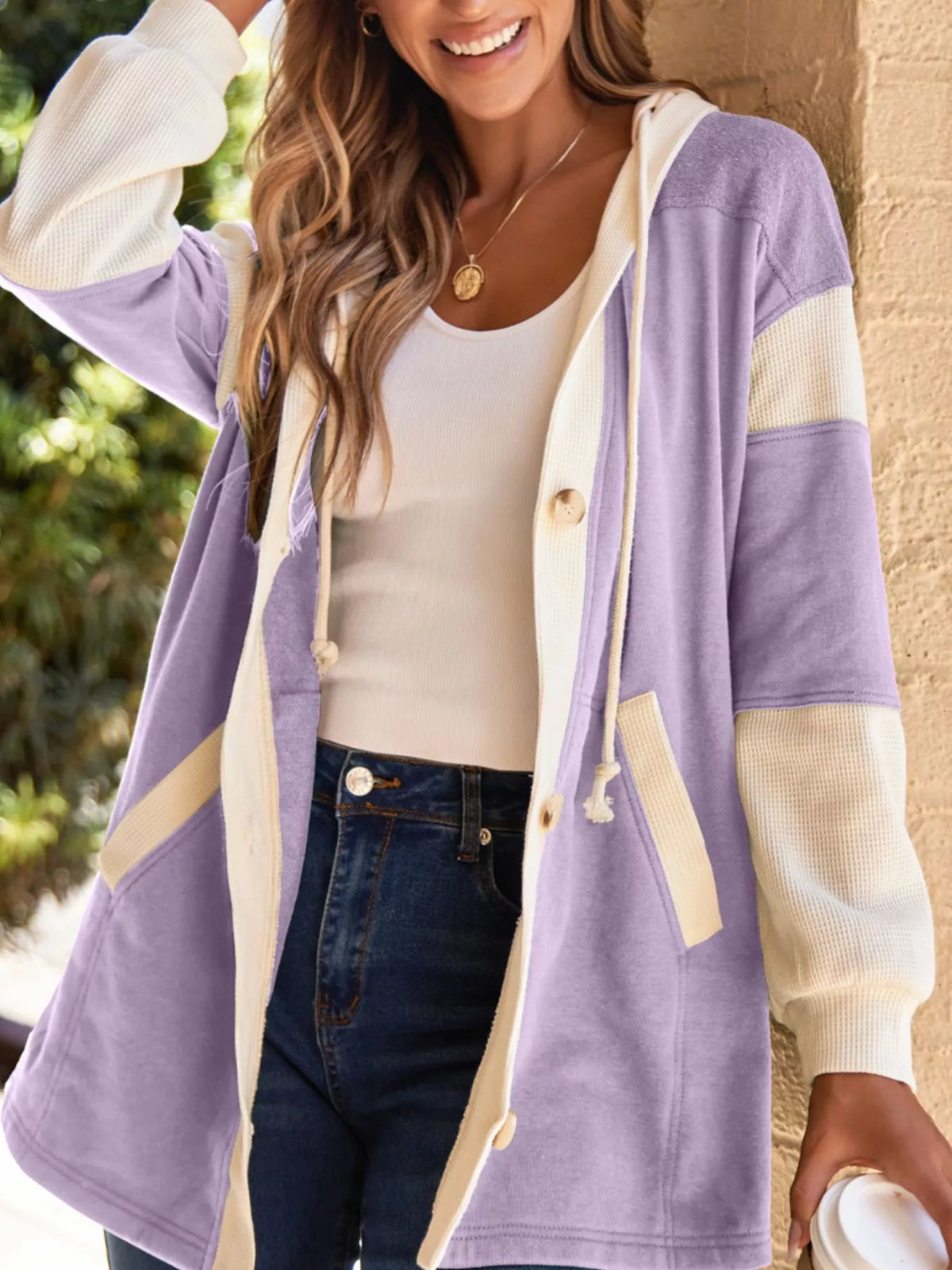 Waffle Contrast Knit Color Block Patchwork Button Front Oversize Hoodie