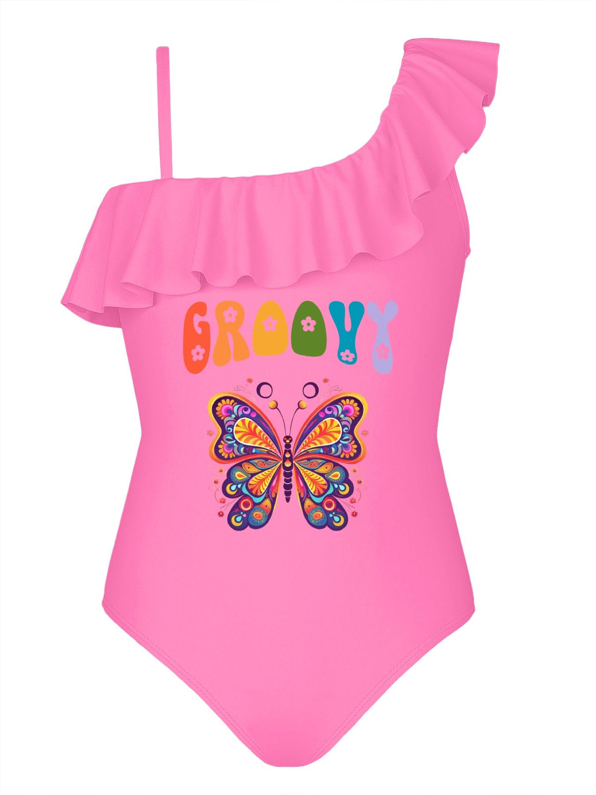Groovy Butterfly Girls' Ruffled One-Piece Swimsuit (Front Printing)