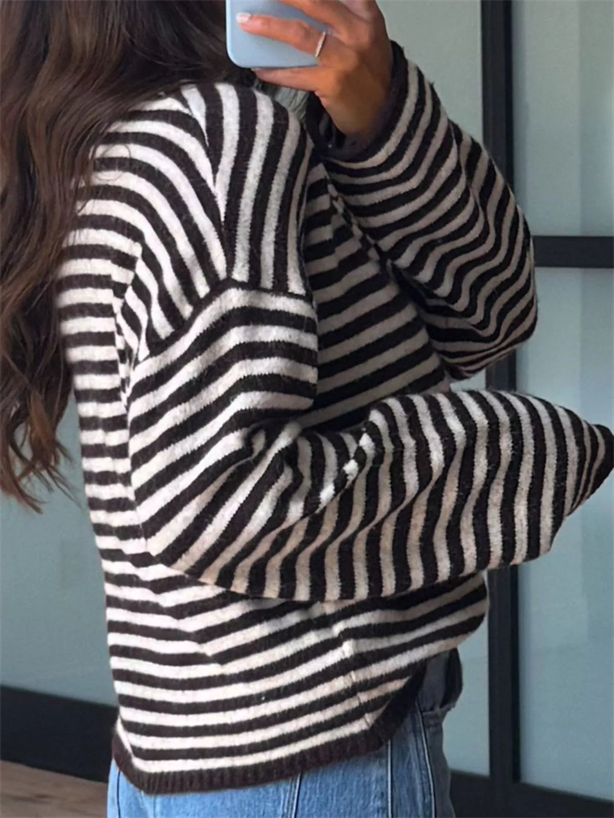 Button Detail Dropped Shoulder Striped Sweater
