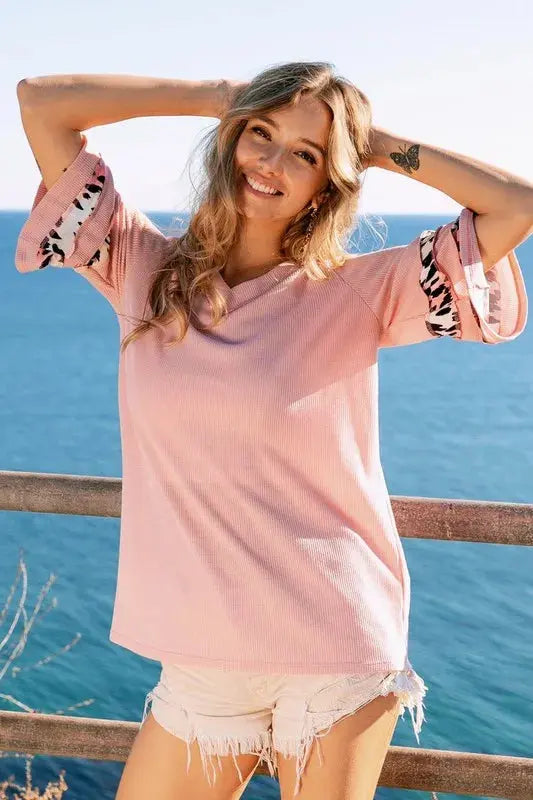 Women's Thermal Tee - Leopard Print Tiered Sleeves - Casual