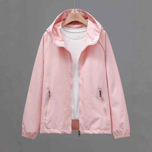 Chaqueta fina cortavientos con capucha para mujer, estilo casual, talla grande. Ver tabla de tallas en "más detalles".