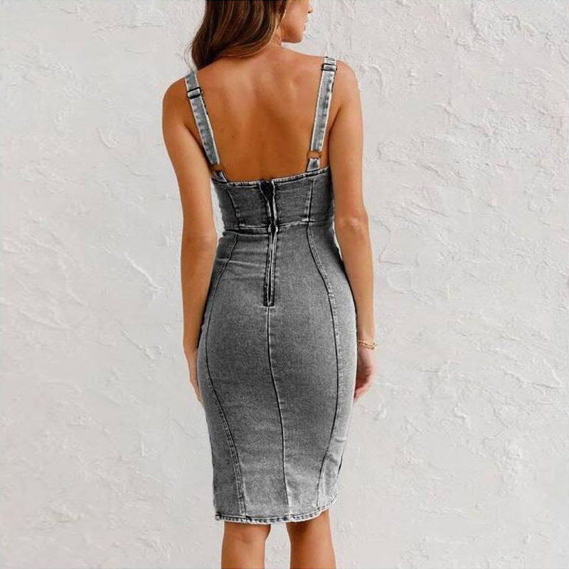 Vestido vaquero con tirantes y escote en U para mujer