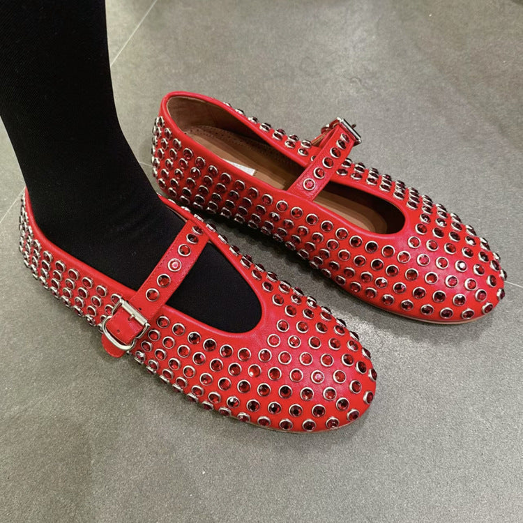 Women's Round-Toe Rhinestone Mary Jane Flats