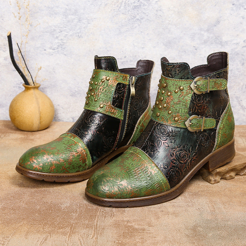Botas de moda para mujer con hebilla de remache retro. Consulta la tabla de tallas en "más detalles".