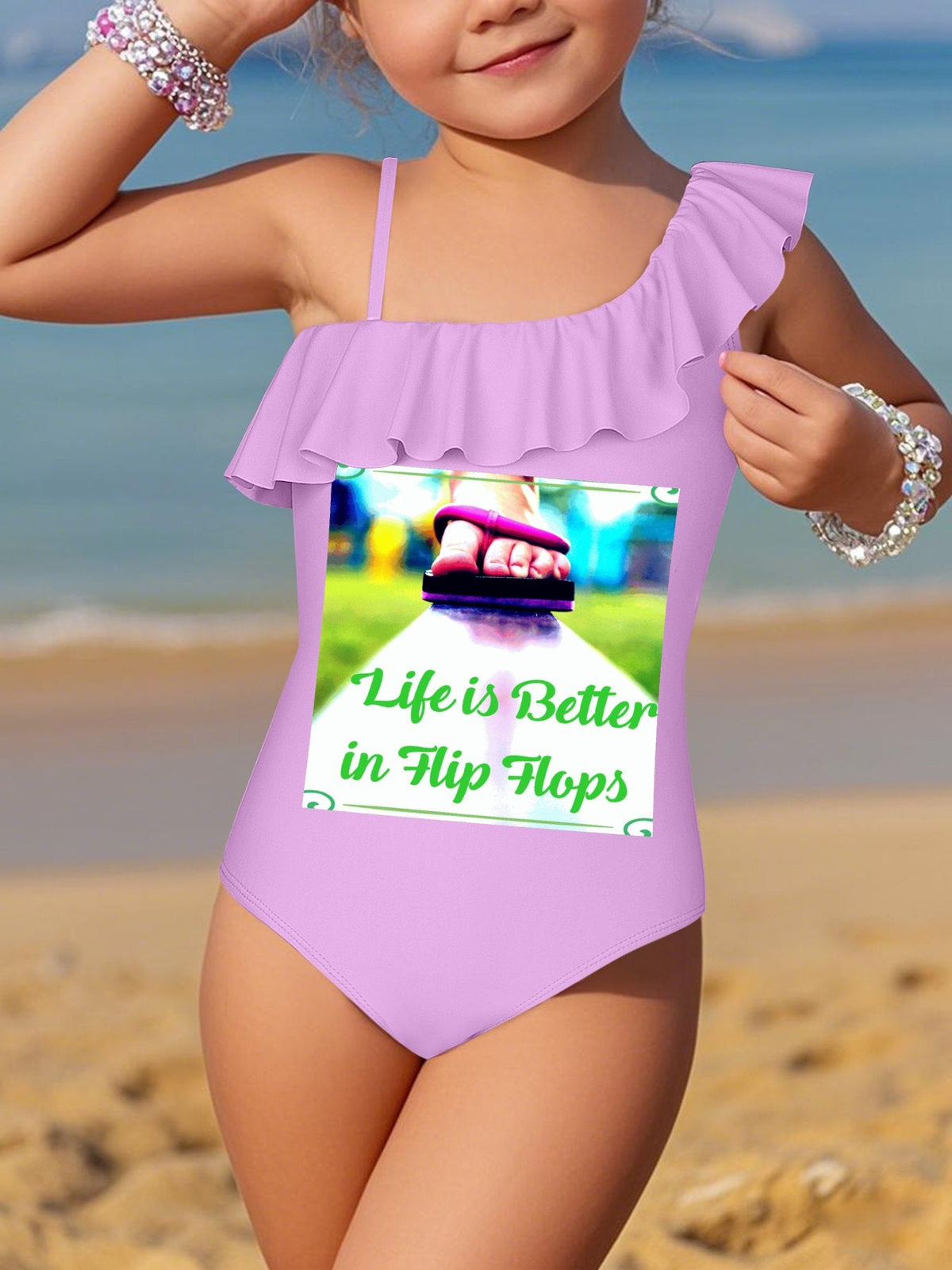 Life is Better in Flip Flops Girls' Ruffled One-Piece Swimsuit with Front Printing
