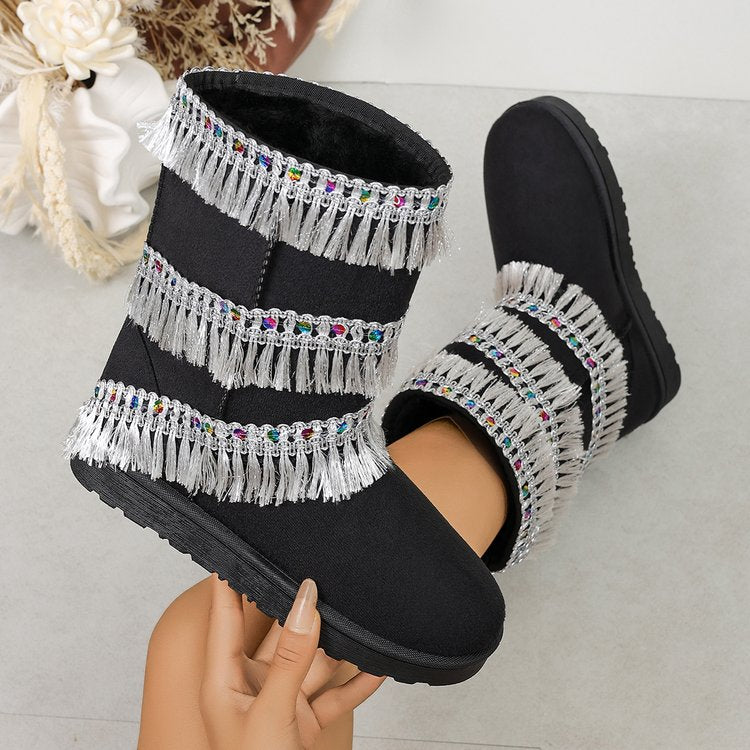 Women's Tassel Beaded Platform Short Shaft Boots, 2026 New Autumn Winter Premium Comfortable Versatile Snow Boots