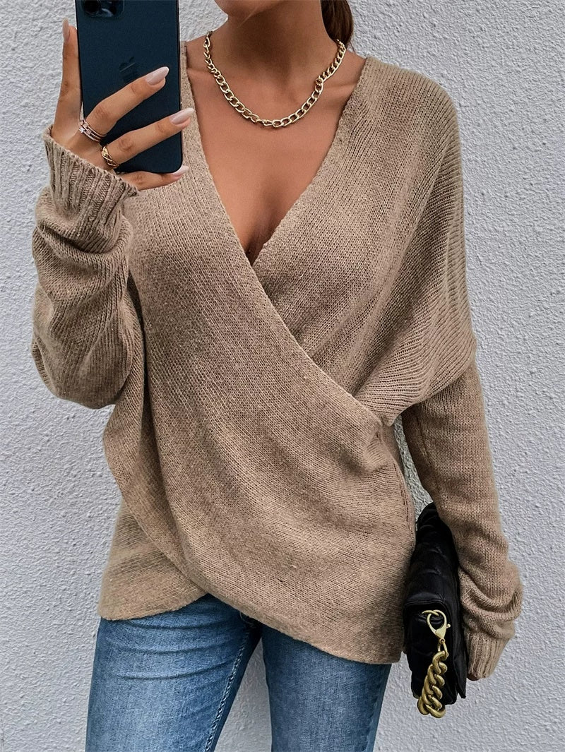 Autumn Winter Fashion V-neck Cross Knit Women Sweater Tops