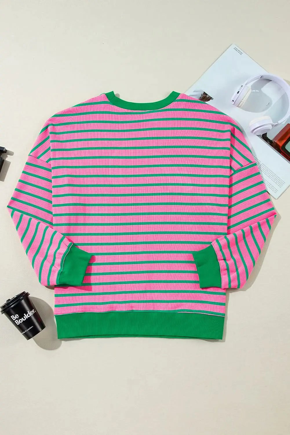 Sweaters Love Salve Pink Stripe Plus Size Women's Sweatshirt Cozy Waffle Knit Crew Neck