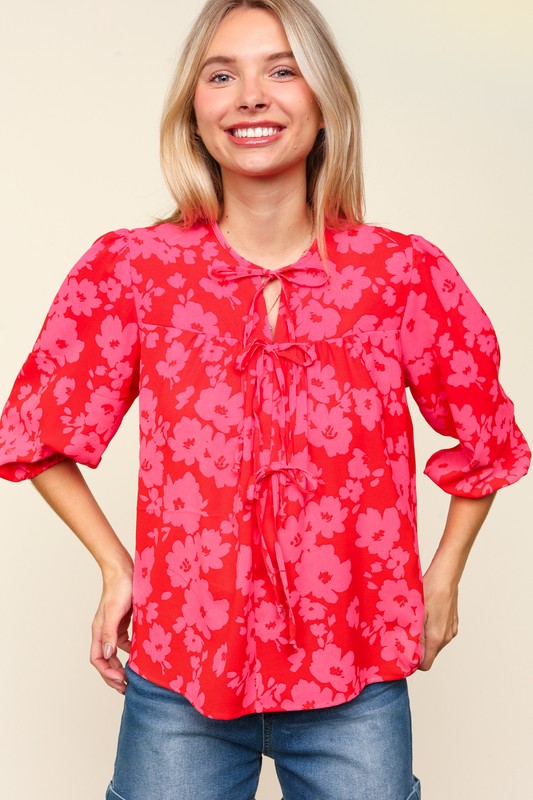 Haptics Blusa de Manga Globo con Lazo de Cinta Floral Talla Grande