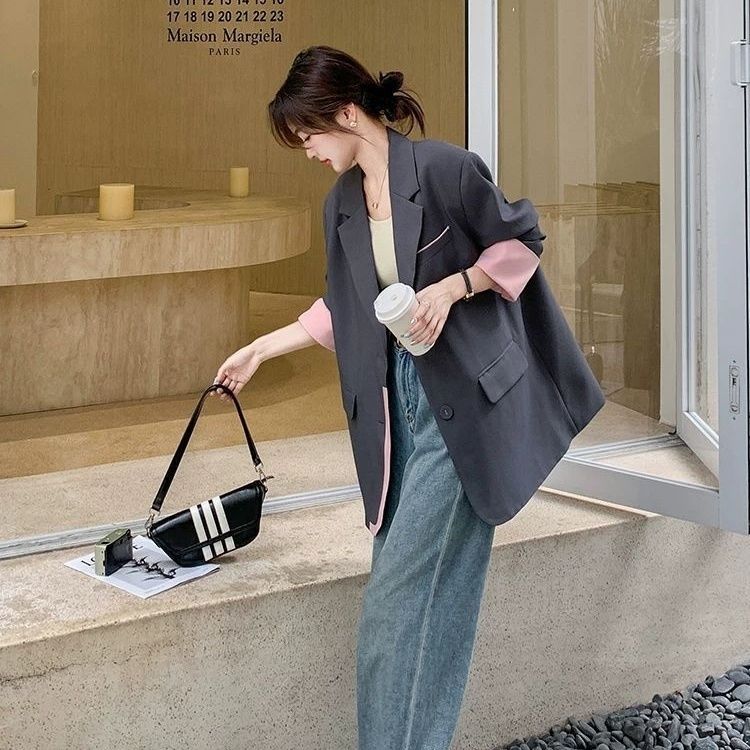 Gray Fashionable Patchwork Color-Block Blazer
