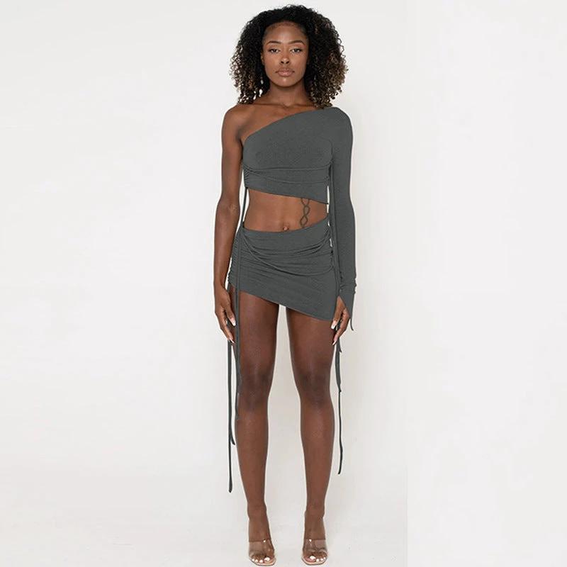 One Shoulder Midriff-baring Top Side Drawstring Skirt Set