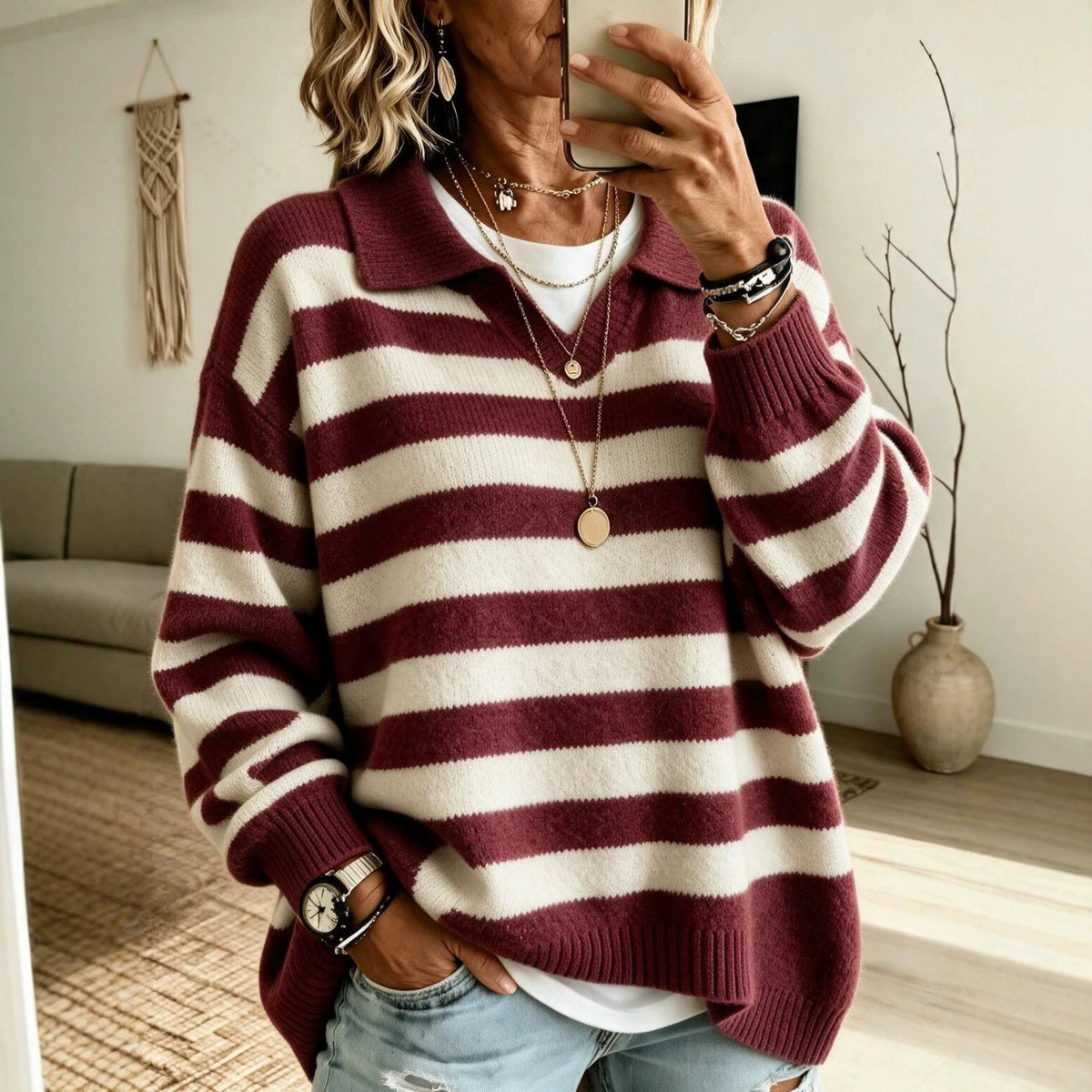 Women's Striped Color-Block Navy-Style Knit Sweater With Lapel Collar