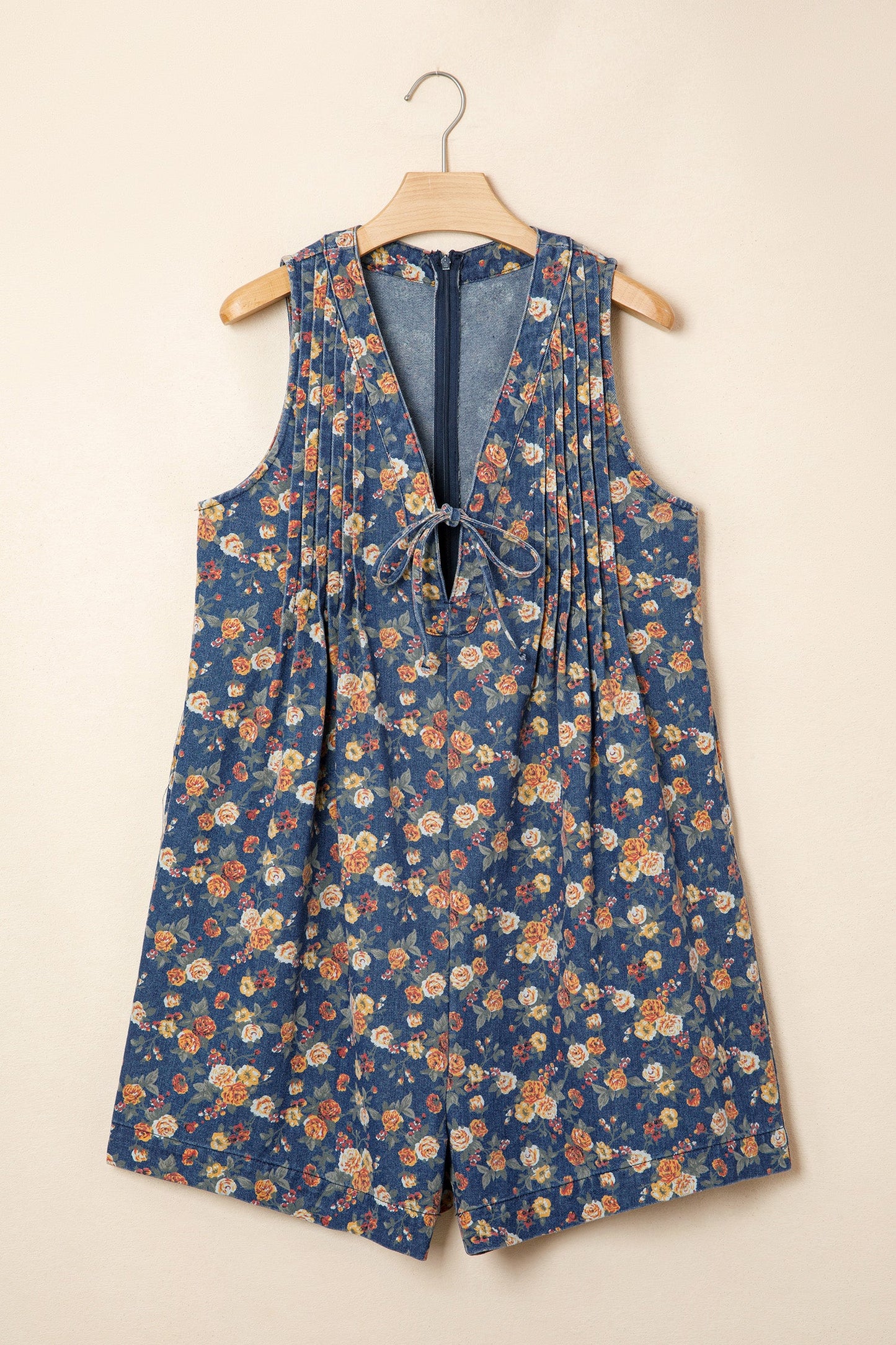 Blue Retro Floral Print Bow Tie V Neck Sleeveless Pleated Loose Denim Romper