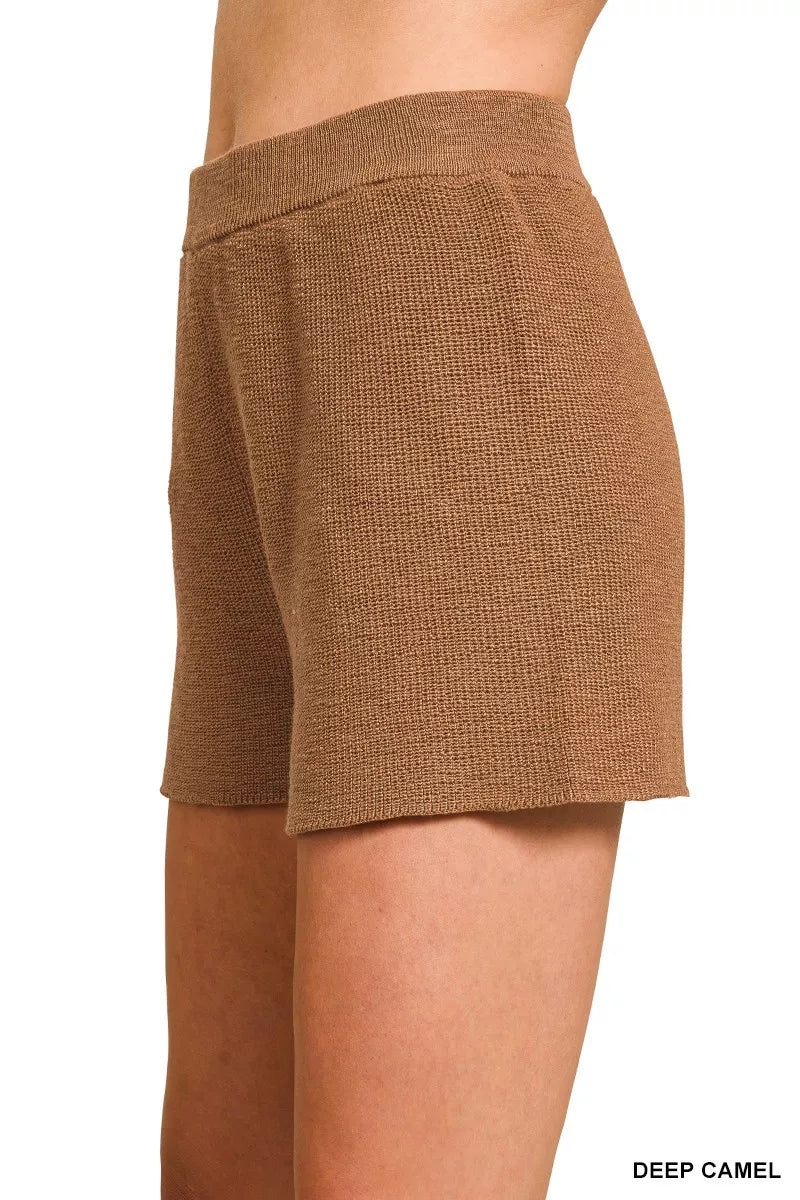 Zenana Round Neck Knit Top and Shorts Sweater Set in Camel