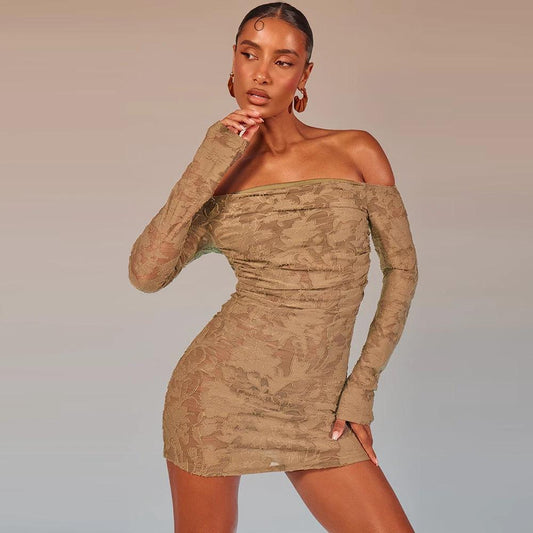 Vestido de manga larga con hombros descubiertos, espalda al aire, recorte de flores 3D y alta elasticidad para mujer, colección otoño