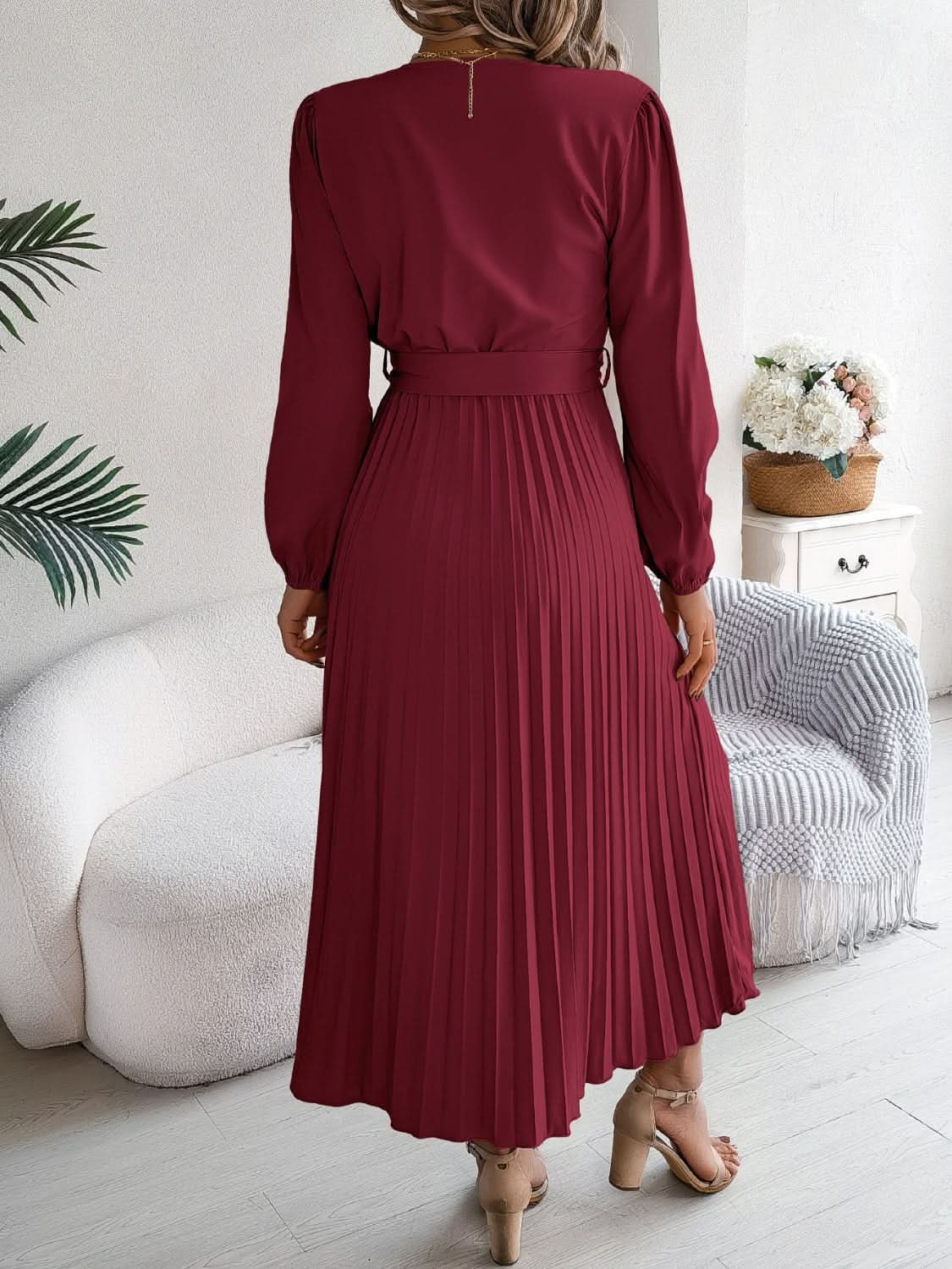 Dresses Trendsi V-Neck Dress Women's Elegant Long Sleeve Sheer Tie Dress Fashion