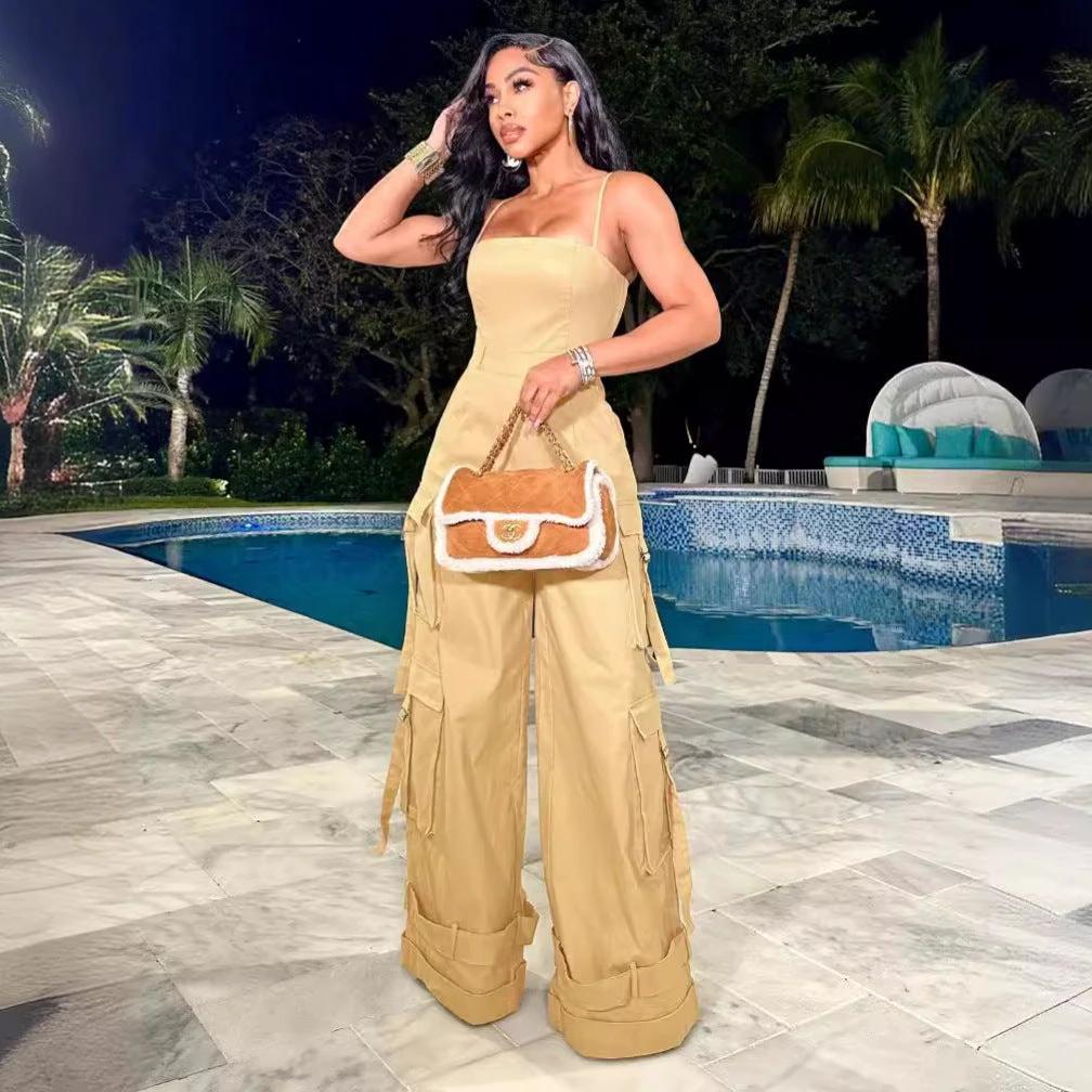 Tube Top Multi-pocket Cargo Wide Leg Jumpsuit