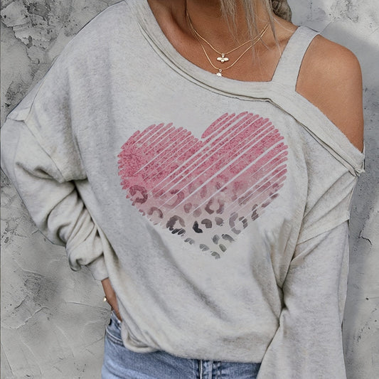 Sudadera con capucha y estampado de corazón, de manga larga y hombros descubiertos para mujer