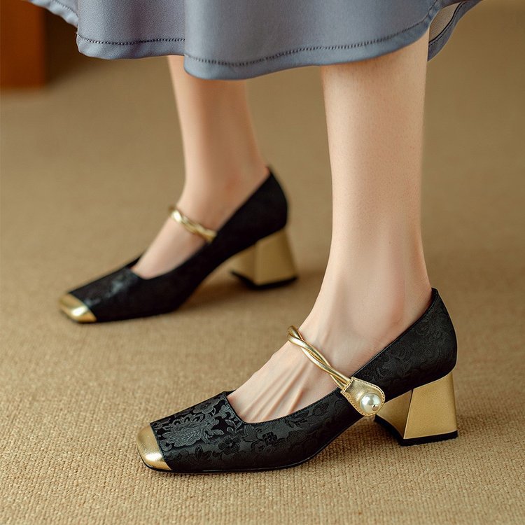 Embossed Silk Kitten Heels with Pearl Strap