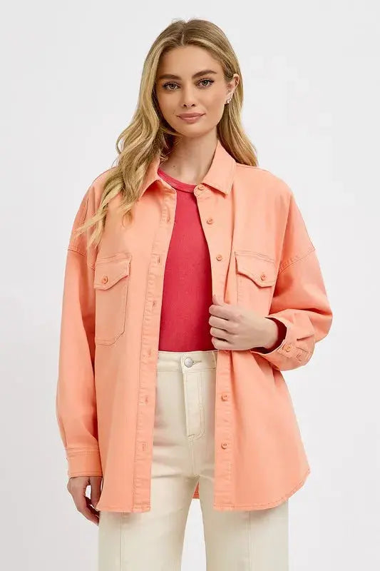 Women's Shacket Plus Size Denim Shacket - Button Down - Casual Long Sleeve