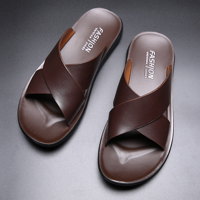 New Wholesale Leather Slippers For Men, Indoor And Outdoor Soft Leather Trendy Men's Sandals, Non-slip Slip-on Men's Beach Shoes
