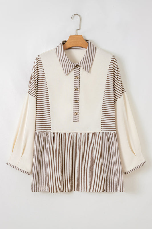 Blusa Peplum de Manga Larga con Medio Botón y Bloques de Color en Contraste Tallas Grandes Rayas Caqui