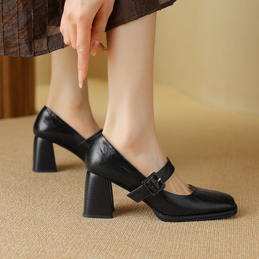 Women's Sheepskin Mary Jane Heels – Square Toe Chunky Heel Buckle Pumps