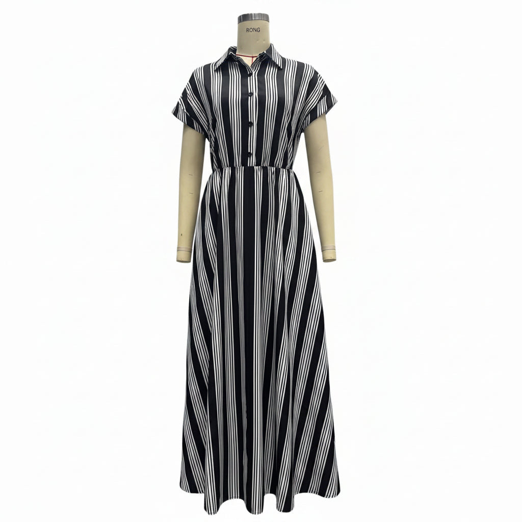 Women's Striped Long Sleeve Button-Up High Waist Flared Maxi Shirt Dress – Black & White