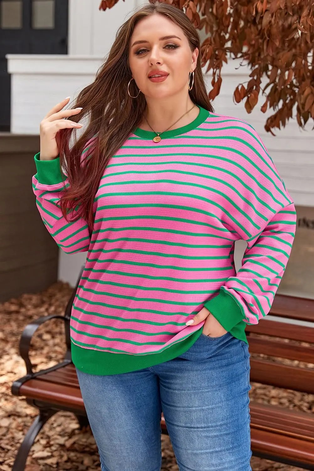 Sweaters Love Salve Pink Stripe Plus Size Women's Sweatshirt Cozy Waffle Knit Crew Neck