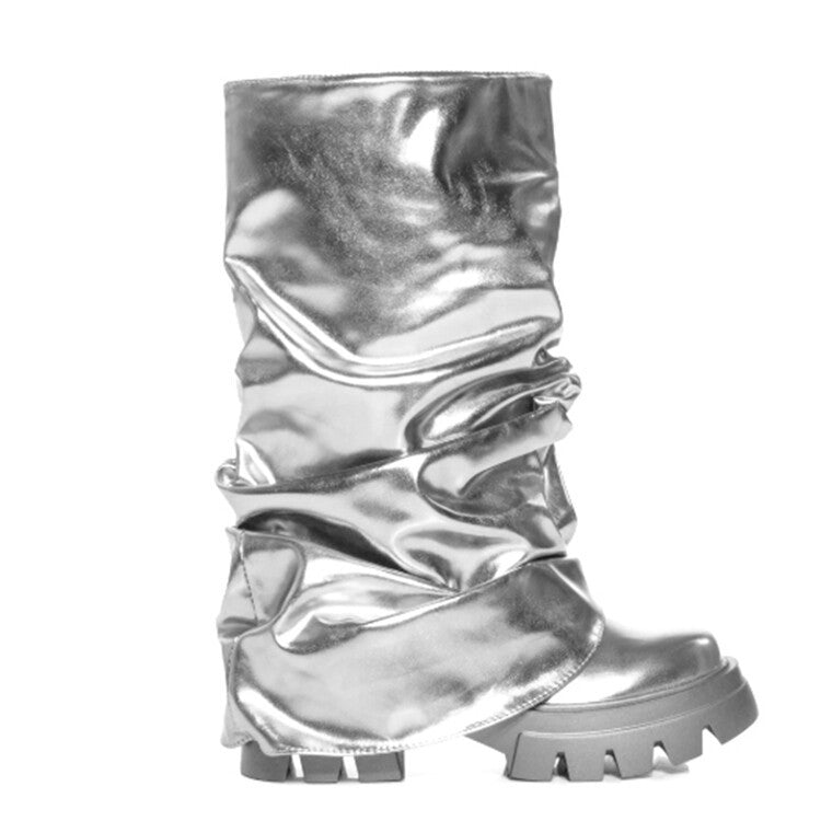 Women's Pleated Round-Toe Mid-Heel Boots