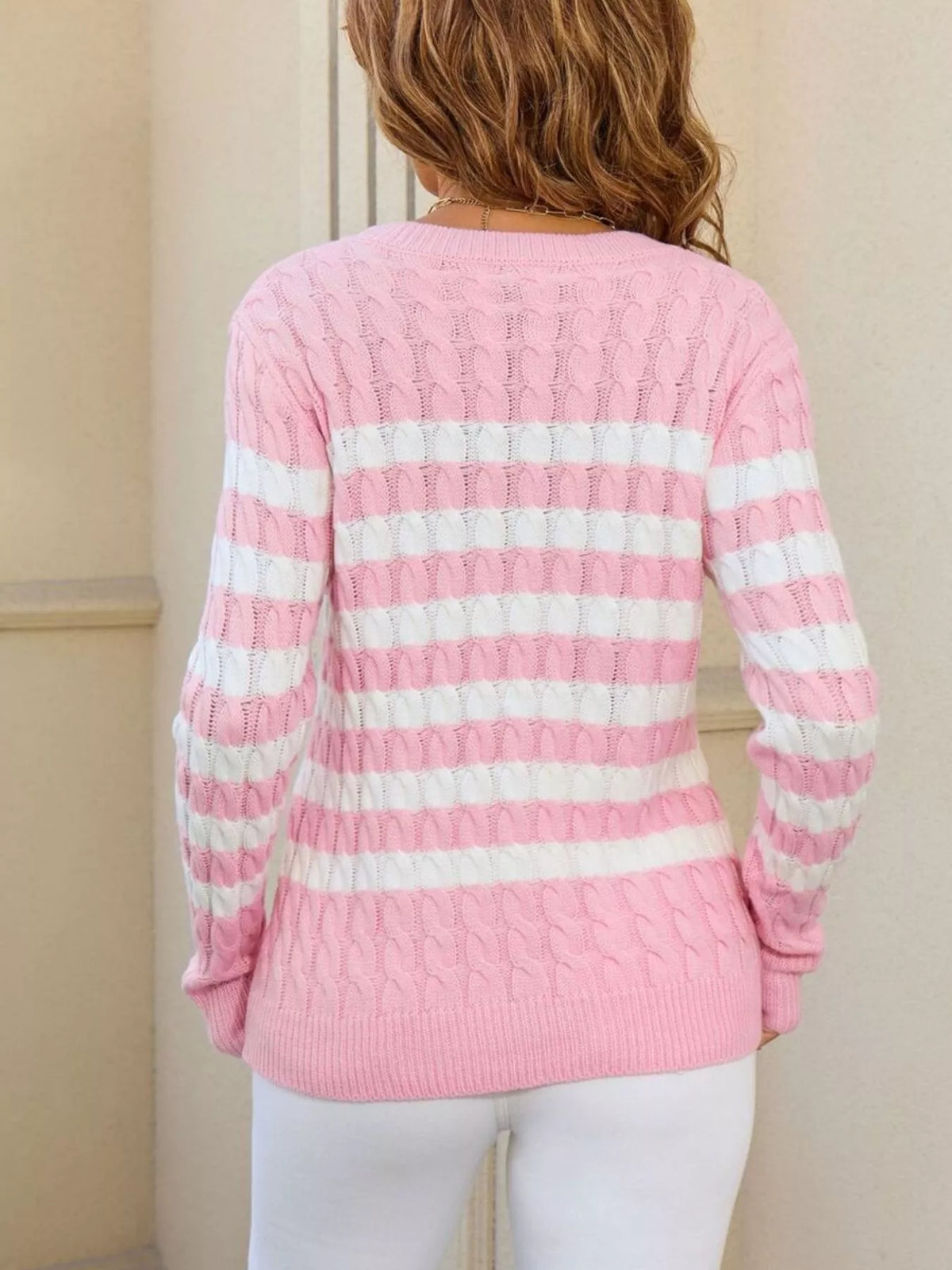 Striped Cable Knit Round Neck Sweater
