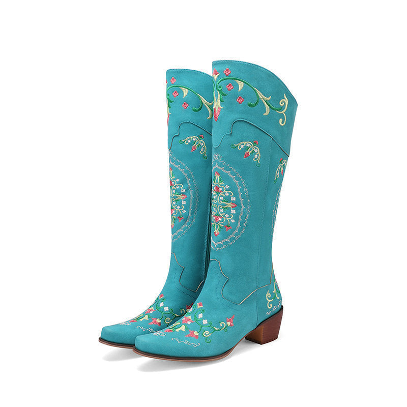 Women's Chunky-Heel Retro Embroidered Side-Zip Mid-Calf Boots