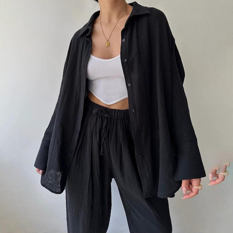 Women's Solid Color Lapel Collar Long Sleeve Shirt & High-Waist Pants Set - Casual Loose Fit Spring&Summer Outfit