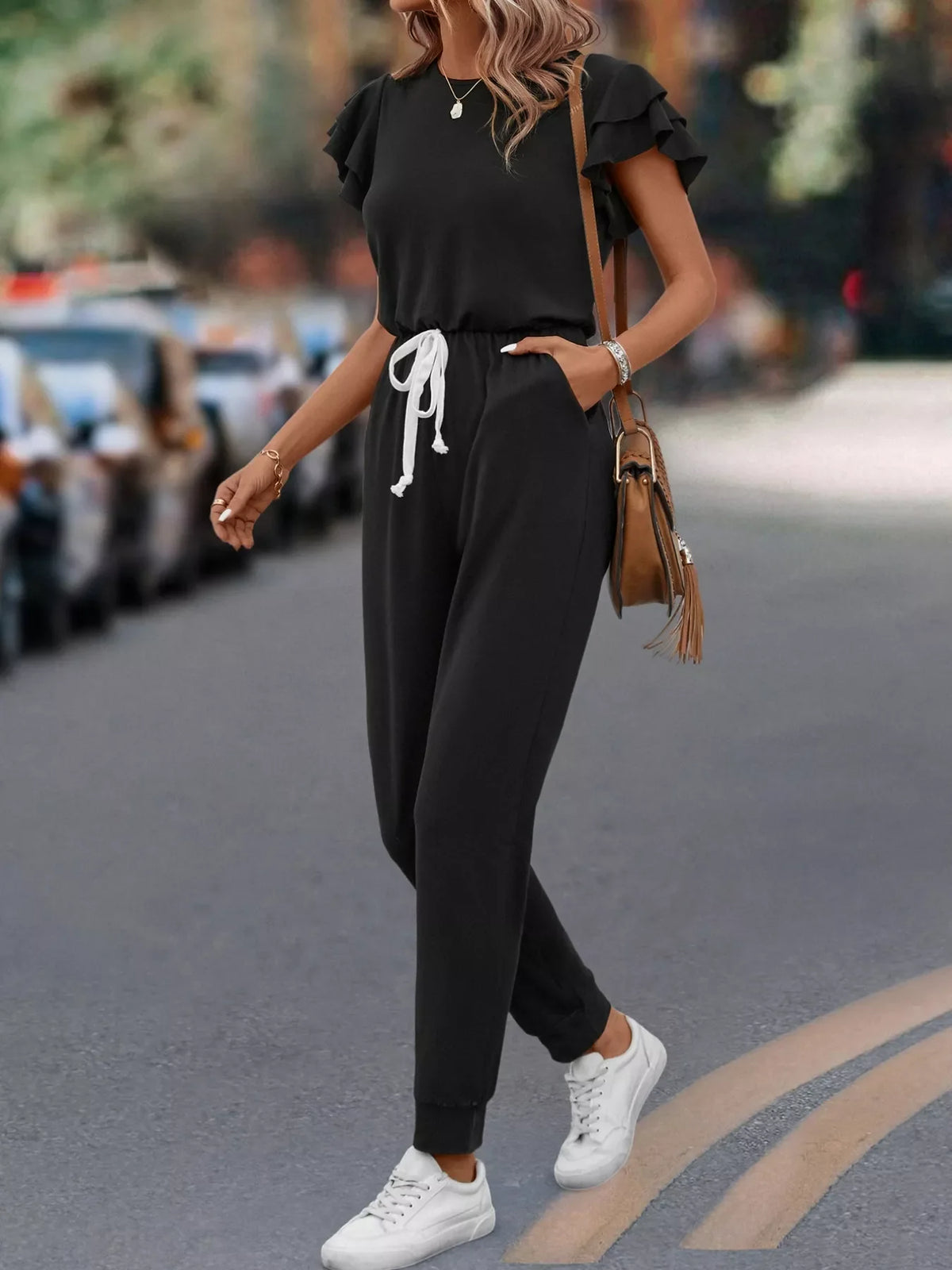 Ruffle Sleeve Drawstring Waist Casual Jumpsuit