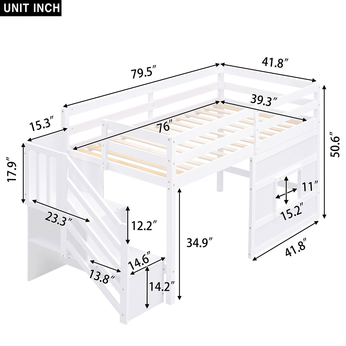 Loft Bed With Storage Staircase, Window & LED Light