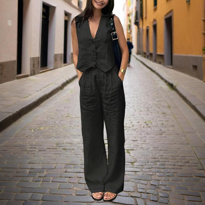 Conjunto de chaleco con botones y cuello en V y pantalón de talle alto para mujer