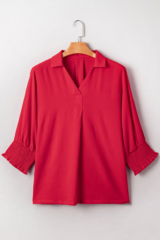 Blusa túnica holgada roja ardiente de talla grande con puño fruncido tipo murciélago