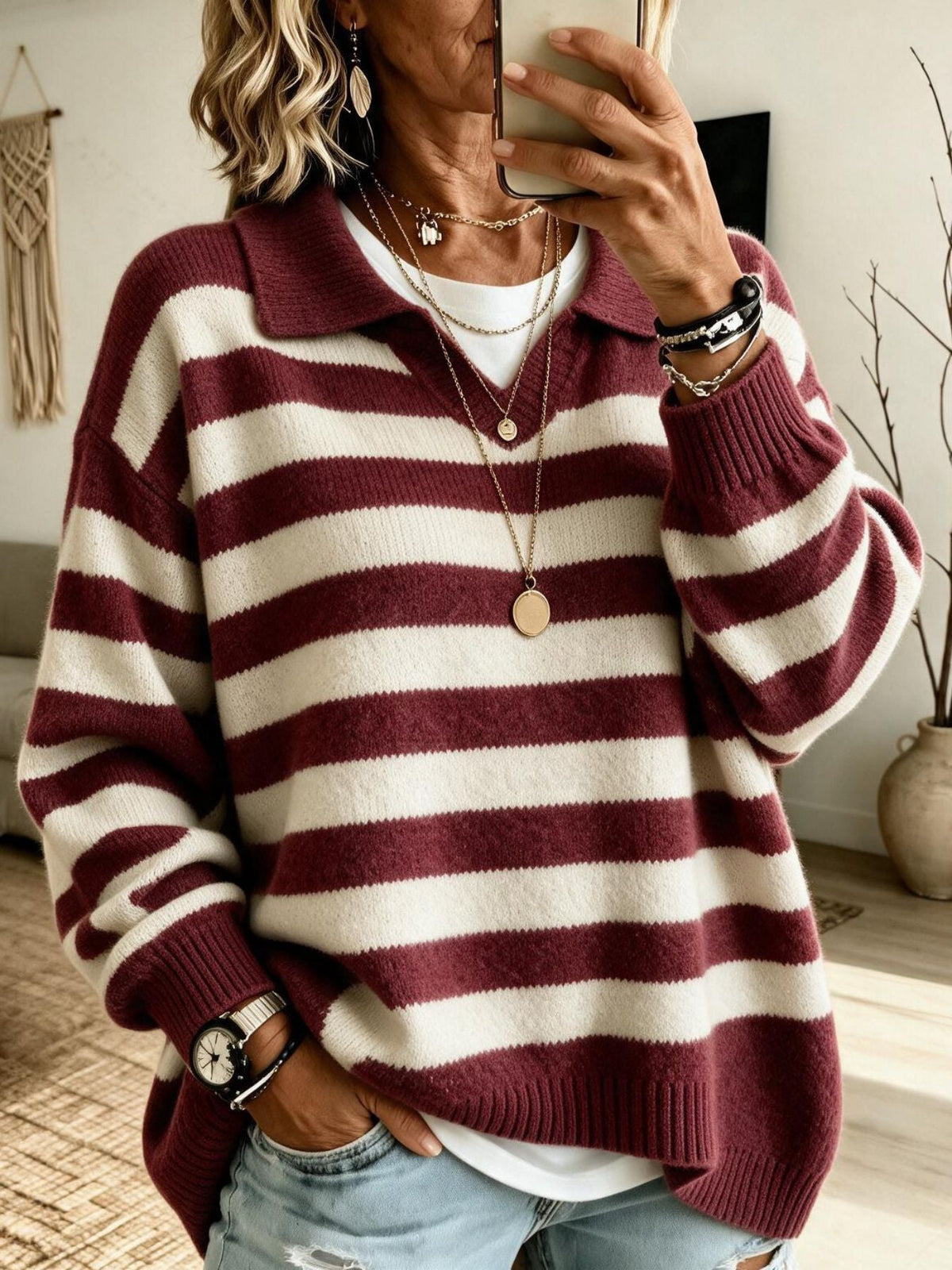 Women's Striped Color-Block Navy-Style Knit Sweater With Lapel Collar