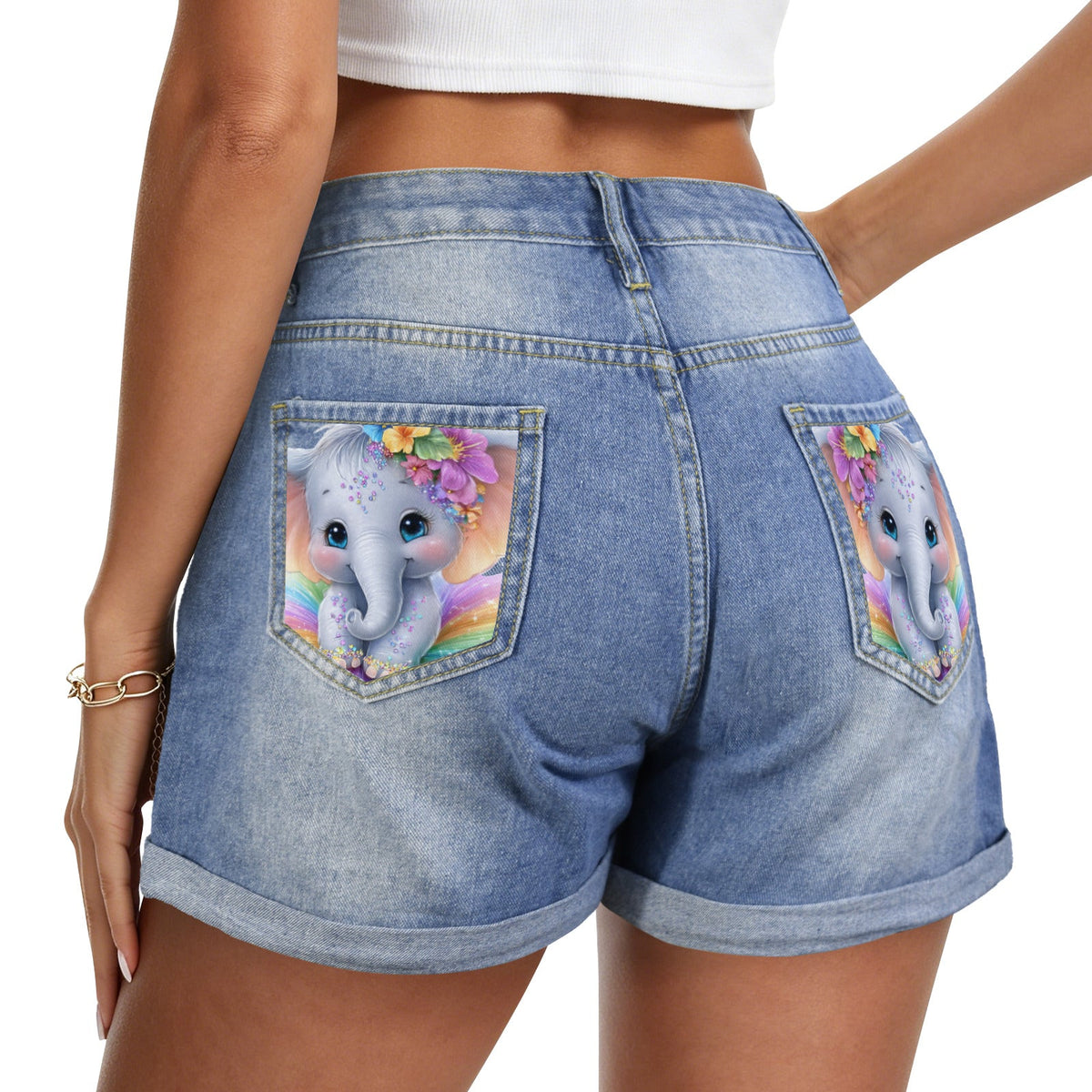 Cute Elephant Light Blue Denim Shorts with Dual Pockets Design