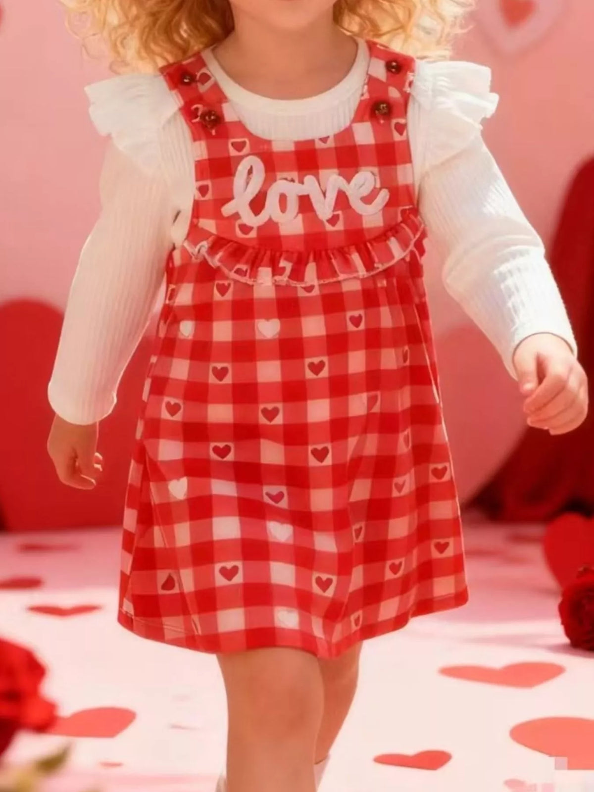 Children's Ruffled Bodysuit and Gingham Dress Set with Headband