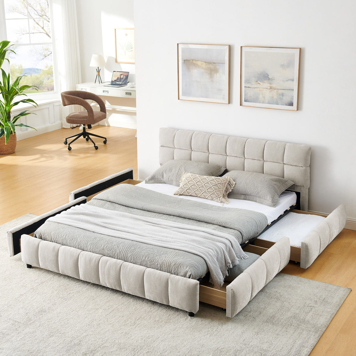 Modern Platform Bed Frame With Thick Fabric